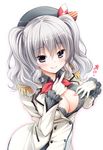  blue_eyes breasts buttons epaulettes gloves hair_between_eyes kantai_collection kashima_(kantai_collection) large_breasts long_hair looking_at_viewer military military_uniform silver_hair smile solo suzui_narumi twintails unbuttoned uniform upper_body wavy_hair white_gloves 