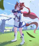  1girl absurdres animal_ears ascot asymmetrical_gloves black_gloves blue_eyes blue_sky blush boots bow brown_hair buttons cape cloud commentary_request double-breasted ear_bow ear_ribbon epaulettes gloves grass high_ponytail highres horse_ears horse_girl horse_tail jacket long_hair long_sleeves mismatched_gloves multicolored_hair multicolored_jacket outdoors pink_ascot ponytail red_cape revision single_epaulette single_hair_streak skirt sky solo streaked_hair tail tokai_teio_(peak_joy)_(umamusume) tokai_teio_(umamusume) two-tone_hair two-tone_jacket two-tone_skirt umamusume user_vscy2738 white_boots white_gloves white_jacket white_skirt white_streaks wind 
