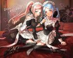  2girls anklet apron armored_boots back_bow bare_back bed black_dress black_thighhighs blue_eyes blue_hair blush boots bow breasts brooch commentary_request dated dress embarrassed feather_trim felicia_(fire_emblem) fire_emblem fire_emblem_fates flora_(fire_emblem) frilled_dress frills gem hand_up heart high_heel_boots high_heels high_ponytail highres iipzeyjhms0dohl indoors jewelry long_hair long_sidelocks long_sleeves looking_at_viewer maid maid_apron maid_headdress medium_breasts multiple_girls nohrian_maid_uniform on_bed open_mouth pillow pink_hair ponytail red_gem siblings sidelocks sisters sitting thighhighs thighs twins twintails wariza 