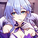  1girl absurdres bare_shoulders biting biting_glove blue_hair breasts cleavage commentary detached_collar detached_sleeves earrings english_commentary feathered_wings finger_in_own_mouth glove_pull gloves green_eyes hair_between_eyes head_wings highres honkai:_star_rail honkai_(series) jewel_under_eye jewelry jimpu6 large_breasts long_hair looking_at_viewer parted_lips pearl_earrings portrait robin_(honkai:_star_rail) single_earring solo white_gloves white_wings wings 
