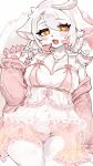  1boy animal_ears animal_hands animal_nose babydoll bikini blush bow breasts cleavage curly_hair fangs flower flower_necklace fox fox_boy fox_ears frilled_panties frills furry furry_male gloves highres jacket jewelry large_breasts lingerie looking_at_viewer male_focus medium_hair messy_hair multicolored_hair nashinoro_kikuri navel necklace niisha_(nashinoro_kikuri) off_shoulder open_clothes open_jacket open_mouth orange_eyes original panties paw_gloves pearl_necklace pink_bikini pink_bow pink_jacket pink_panties ribbon simple_background sitting snout solo swimsuit symbol-shaped_pupils thick_thighs thighs trap twintails underwear white_babydoll white_background white_fur white_hair x-shaped_pupils 