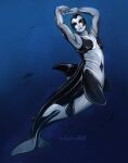 2023 5_fingers aquatic black_body blue_background cetacean christopher_stoll digital_drawing_(artwork) digital_media_(artwork) dolphin dorsal_fin female fin fingers fish_tail front_view full-length_portrait hi_res humanoid_merfolk looking_at_viewer mammal merfolk mouth_closed multicolored_body oceanic_dolphin orca portrait pose side_view silhouette simple_background solo split_form toothed_whale twitter_handle two_tone_body white_body