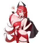  1girl ;d absurdres bare_shoulders bite_mark bite_mark_on_hip black_gloves black_jacket blush breasts commentary dress earrings english_commentary gloves goddess_of_victory:_nikke hair_between_eyes half_gloves heart highres holding horns huge_breasts jacket jewelry kiki_(akasaka0818) long_hair looking_at_viewer navel official_alternate_costume one_eye_closed red_dress red_hair red_hood_(nikke) red_hood_(nonsense_red)_(nikke) revision ring_light_reflection simple_background smile solo spoken_heart thigh_strap very_long_hair white_background yellow_eyes 
