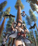  3girls absurdres bird bird_wings black_bird black_thighhighs blue_sky breasts brown_hair brown_wings camera clear_sky crow day detached_sleeves edz_drawz feathered_wings forest grin hat highres himekaidou_hatate holding holding_camera inubashiri_momiji japanese_clothes kimono kourindou_tengu_costume lens_flare looking_at_viewer multiple_girls nature no_bra obi official_alternate_costume outdoors pelvic_curtain pom_pom_(clothes) red_eyes red_hat red_sash sash shameimaru_aya side_slit sideboob sky smile thick_thighs thighhighs thighs tokin_hat touhou tree underwear watermark white_kimono wings 