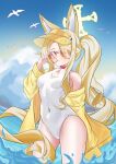  1girl absurdres animal_ear_fluff animal_ears bird blonde_hair blowing_bubble_gum blue_archive blue_sky breasts chewing_gum clothing_cutout cloud commentary contrapposto covered_navel cross_halo damingmingye diamond_cutout fox_ears fox_girl fox_tail halo highleg highleg_one-piece_swimsuit highres jacket long_hair official_alternate_costume official_alternate_hairstyle one-piece_swimsuit orange-tinted_eyewear orange_eyes seagull seia_(blue_archive) seia_(swimsuit)_(blue_archive) side_ponytail sky small_breasts solo standing sunglasses swimsuit tail tinted_eyewear visor_cap water white_one-piece_swimsuit yellow_halo yellow_jacket yellow_visor 