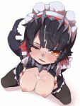  1girl black_hair blush breasts breasts_squeezed_together colored_inner_hair cum cum_on_body cum_on_breasts ellen_joe facial fins fish_tail from_above hair_ornament hairband highres kiiromaru large_breasts looking_at_viewer looking_up maid maid_headdress metal_hairband mole mole_under_eye multicolored_hair nipples one_eye_closed open_clothes pantyhose razor_blade_hair_ornament red_eyes red_hair scar scar_on_tail shark_girl shark_tail short_hair simple_background solo spiked_headband squatting tail two-tone_hair white_background zenless_zone_zero 