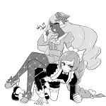  2girls all_fours apron big_hair braid caramelrag dark-skinned_female dark_skin dress fishnet_pantyhose fishnets greyscale highres human_chair human_furniture jacinthe_(pokemon) lebanne_(pokemon) long_hair maid maid_apron monochrome multiple_girls pantyhose pokemon pokemon_legends:_z-a simple_background sitting sitting_on_person smile v-shaped_eyebrows 