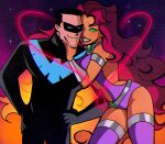  1boy 1girl batman_(series) black_bodysuit blue_bodysuit blue_mask bodysuit dc_comics domino_mask eye_mask grey_bodysuit highres mask multicolored_bodysuit nightwing rozem starfire superhero_costume taut_bodysuit teen_titans two-tone_bodysuit 