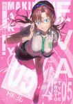  1girl adjusting_eyewear bent_over black_skirt blue_eyes blue_hairband breasts brown_hair character_name collared_shirt evangelion:_2.0_you_can_(not)_advance floating_hair full_body glasses green_necktie grin hairband highres long_hair looking_at_viewer low_twintails makinami_mari_illustrious medium_breasts miniskirt necktie neon_genesis_evangelion pink_background rebuild_of_evangelion revision school_uniform shirt shoes skirt smile solo soramiruku standing standing_on_one_leg twintails white_shirt 