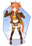  1girl absurdres aircraft airplane animal_ears bare_shoulders belt black_boots black_thighhighs blue_sky blush bomber_jacket boots bow breasts brown_ribbon cloud crop_top dog_tags ear_bow ear_ribbon fighter_jet green_belt green_jacket grin heart highres horse_ears horse_girl horse_tail jacket kotatudogs long_hair long_sleeves looking_at_viewer mayano_top_gun_(scramble_zone)_(umamusume) mayano_top_gun_(umamusume) midriff military_vehicle navel open_clothes open_jacket open_mouth orange_hair orange_tail pointing pointing_at_self ribbon shirt shorts simple_background sky small_breasts smile solo tail teeth thighhighs two_side_up umamusume white_background white_shorts yellow_shirt 