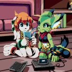  2girls animal_ears anklet basset_hound black_jumpsuit black_nose carol_tea cat_ears cat_girl cat_tail chinese_knot dog_girl dog_tail freedom_planet freedom_planet_2 furry furry_female game_console goshaag green_eyes green_fur green_shorts jewelry jumpsuit long_animal_ears milla_basset multiple_girls orange_hair red_scarf romper scarf short_hair shorts sitting sleeveless_jumpsuit striped_fur tail white_fur 