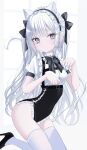  1girl absurdres animal_ear_fluff animal_ears black_bow black_bowtie black_leotard black_shoes blue_eyes blunt_bangs bow bowtie breasts cat_ears cat_tail chest_harness commentary earrings frilled_leotard frills hair_bow half-leotard harness high_heels highres iris37337 jewelry kneeling leotard long_hair looking_at_viewer maid_headdress medium_breasts original parted_lips paw_pose puffy_short_sleeves puffy_sleeves shirt shoes short_sleeves solo stud_earrings sweatdrop tail thighhighs twitter_username very_long_hair white_hair white_shirt white_tail white_thighhighs 