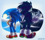  1boy animal_nose black_nose blue_fur day_and_night furry furry_male gloves glowing glowing_eyes green_eyes hedgehog_boy highres laryjoy moon red_shoes sharp_teeth shoes sonic_(series) sonic_the_hedgehog sonic_the_werehog sonic_unleashed spiked_shoes spikes sun teeth werehog white_gloves 