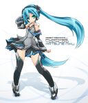  1girl aqua_hair boots closed_mouth collarbone detached_sleeves full_body green_eyes hand_up hatsune_miku headphones karukan_(monjya) long_hair looking_at_viewer necktie panties pigeon-toed revision shadow skirt smile solo thigh_boots thighhighs twintails underwear very_long_hair vocaloid white_background 