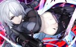  1girl absurdres ak-15_(girls'_frontline) belt black_belt black_pants breasts closed_mouth commentary_request girls'_frontline girls'_frontline_2:_exilium grey_hair gun hair_over_one_eye highres hiro_(user_yhpw4853) holding holding_gun holding_weapon large_breasts long_hair long_sleeves mechanical_eyes midriff navel one_eye_covered pale_skin pants purple_eyes red_pupils solo tactical_clothes voymastina_(girls'_frontline_2) weapon 