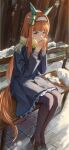  1girl absurdres animal_ears bench black_pantyhose blue_coat blunt_bangs blush brown_shoes coat ear_covers green_eyes hairband highres hime_cut horse_ears horse_girl horse_tail long_hair long_sleeves on_bench orange_hair orange_tail outdoors pantyhose scarf shippo_(pixiv_18567314) shoes silence_suzuka_(umamusume) sitting snow solo steepled_fingers sweater tail umamusume white_hairband white_sweater winter_clothes winter_coat yellow_scarf 