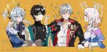  >_< 1girl 3boys armor black_choker black_hair black_jacket black_shirt blue_jacket blush book bow breasts caelus_(honkai:_star_rail) caelus_(vim_and_vigor)_(honkai:_star_rail) chinese_clothes choker clenched_hands closed_eyes closed_mouth coat collarbone collared_shirt constellation_print cropped_torso dan_heng_(honkai:_star_rail) dan_heng_(hunt)_(honkai:_star_rail) dragon_print earrings feathered_wings flower flower_ornament from_side gold_earrings gold_ring grey_eyes grey_hair hair_between_eyes half-closed_eyes halo halo_behind_head hand_on_own_chin hand_up hands_up head_wings highres holding holding_book honkai:_star_rail honkai_(series) hood hooded_jacket jacket jewelry lapels long_sleeves looking_at_another march_7th_(honkai:_star_rail) march_7th_(preservation)_(honkai:_star_rail) medium_breasts multicolored_jacket multiple_boys multiple_rings official_alternate_costume open_book open_clothes open_jacket open_mouth orange_background pale_skin pink_hair pirohi_(pirohi214) puffy_long_sleeves puffy_sleeves purple_shirt red_jacket ring shirt short_hair shoulder_armor sidelocks simple_background single_earring smile sparkle sunday_(honkai:_star_rail) sweat tangzhuang tassel tied_jacket trailblazer_(honkai:_star_rail) two-tone_jacket upper_body v-shaped_eyebrows watermark white_bow white_coat white_flower white_jacket white_shirt wide_sleeves wings yellow_eyes 