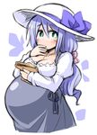  bow breasts cleavage commentary_request covering_mouth green_eyes hair_bow hair_ribbon hand_over_own_mouth hat hat_bow hat_ribbon kugelschreiber large_breasts large_hat lavender_hair long_hair original ponytail pregnant ribbon solo 