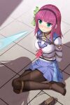  2girls 3: absurdres angel_beats! arm_blade bdsm black_hairband black_pantyhose blue_sailor_collar blue_skirt blunt_bangs blush bondage bound bound_ankles bound_arms bound_legs bound_torso bow breasts chinese_commentary closed_mouth collarbone commentary_request eyes_visible_through_hair feet frown full_body green_bow green_eyes haimei1980 hair_bow hairband hand_sonic highres loafers long_sleeves looking_at_another medium_breasts medium_hair midriff miniskirt multiple_girls nakamura_yuri navel neckerchief no_shoes nose_blush pantyhose partial_commentary pink_neckerchief pleated_skirt purple_hair rope sailor_collar sailor_shirt shadow shibari shinda_sekai_sensen_uniform shirt shoes sidelocks sitting skindentation skirt solo_focus straight_hair tachibana_kanade thighs tile_floor tiles toes unworn_shoes upturned_eyes v-shaped_eyebrows weapon white_shirt yokozuwari 