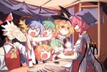  &gt;_&lt; 6+girls :d alcohol animal_ears antennae apron ascot beer beer_mug bird_wings blank_eyes blonde_hair blue_hair bow brown_hair cirno closed_eyes cup daiyousei detached_sleeves dress fang fish food_stand fork green_eyes green_hair hair_bow hair_ribbon hair_tubes hakurei_reimu hat head_scarf holding holding_cup japanese_clothes kirisame_marisa long_hair looking_at_another multiple_girls mystia_lorelei o_o okamisty open_mouth pink_hair pinky_out red_dress ribbon rumia scared sh_(562835932) shirt short_hair short_sleeves sitting sketch smile soy_sauce table tasuki team_9 touhou wavy_hair white_shirt wings witch_hat wriggle_nightbug xd yatai yellow_eyes 