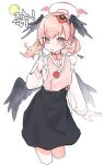  1girl alternate_costume bamyamsj black_skirt black_wings blue_archive cropped_legs feathered_wings flower halo head_wings highres koharu_(blue_archive) korean_commentary korean_text low_wings pink_eyes pink_hair pink_halo red_flower red_rose rose simple_background skirt solo white_background winged_halo wings 