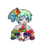  +_+ 1girl ;d bell black_bow black_bowtie black_outline bloomers blue_eyes blush bow bowtie chibi chibi_only covered_navel dress drill_hair eyeshadow facial_mark flower footwear_flower full_body game_asset gold_shoes green_dress green_hair hair_bell hair_between_eyes hair_bow hair_flower hair_ornament hatsune_miku hatsune_miku_graphy_collection heart heart_facial_mark high-low_dress holding_own_dress holly looking_at_viewer makeup one_eye_closed open_mouth outline plunging_neckline purple_eyeshadow red_dress red_flower red_nails sequins shoes smile solo standing strapless strapless_dress striped_clothes striped_thighhighs thighhighs transparent_background two-tone_dress vertical-striped_clothes vertical-striped_thighhighs vocaloid white_wrist_cuffs wrist_cuffs yellow_thighhighs 