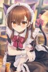  1girl ahoge animal_ears apron black_dress blurry blurry_background blush bow brooch brown_eyes brown_hair cat_ears cat_girl cat_tail closed_mouth commentary_request cup depth_of_field dress drinking_glass drinking_straw earrings frilled_apron frilled_dress frills hair_between_eyes hair_intakes hair_ornament hairclip highres indoors jewelry long_hair looking_at_viewer maid maid_day maid_headdress maruma_(maruma_gic) original pink_bow puffy_short_sleeves puffy_sleeves red_bow short_sleeves signature solo stud_earrings sunset tail tail_bow tail_ornament tray very_long_hair white_apron window wrist_cuffs 