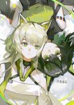  2girls absurdres animal_ear_fluff animal_ears arknights artist_name bare_shoulders black_hair cat_ears cat_girl chinese_commentary chromatic_aberration closed_mouth commentary_request dumenggu green_eyes green_hair highres kal'tsit_(arknights) kal'tsit_esperanta_(arknights) long_hair looking_at_viewer lying mon3tr_(arknights) multiple_girls on_back photo-referenced rotational_symmetry smile upper_body upside-down white_background 