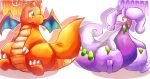 1_horn absurd_res antennae_(anatomy) anthro belly blush blush_lines claws dragon dragonite duo feet felipotyphlosion female female/female female_anthro generation_1_pokemon generation_6_pokemon goodra green_eyes green_markings hi_res horn male markings membrane_(anatomy) membranous_wings mythological_creature mythological_scalie mythology nintendo orange_body orange_wings overweight overweight_anthro overweight_female pokemon pokemon_(species) purple_body scalie simple_background sitting slightly_chubby slightly_chubby_anthro slightly_chubby_female slime solo tail tan_body text thick_tail thick_thighs white_background white_body white_tail wings