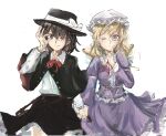  2girls black_capelet black_hat black_skirt bow capelet closed_mouth collared_dress collared_shirt contrast_collar dress frilled_skirt frills hand_glasses hat hat_bow highres holding_hands index_finger_raised interlocked_fingers long_hair long_sleeves maribel_hearn medium_hair multiple_girls neck_ribbon one_eye_closed open_mouth purple_dress red_ribbon ribbon shirt shirt_tucked_in skirt sleeve_cuffs sleeve_garter smile touhou usami_renko uwazumi white_background white_bow white_shirt 