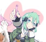  1girl aqua_eyes aqua_hair armored_leotard artist_name asagi501 belt_pouch black_gloves black_leotard black_trim breasts breasts_apart cat cat_teaser closed_mouth commentary_request cropped_jacket double-parted_bangs fingerless_gloves gloves green_jacket hair_between_eyes hair_ornament hairclip head_on_hand heart heart_background highres holding holding_cat_teaser jacket leotard looking_at_viewer lying medium_breasts medium_hair messy_hair multicolored_jacket multicolored_leotard on_stomach open_clothes open_jacket pink_background playing_with_animal pouch scarf sinon smile solo split_mouth sword_art_online tassets twitter_username two-tone_jacket two-tone_leotard variant_set watermark white_background white_jacket white_leotard white_scarf 