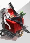  1girl absurdres ak-15 ak-15_(erwin)_(girls'_frontline) ak-15_(girls'_frontline) assault_rifle black_shoes breasts chair chest_harness choker cleavage closed_mouth collarbone collared_shirt commentary_request full_body girls'_frontline girls'_frontline_2:_exilium grey_background grey_hair gun harness highres kalashnikov_rifle long_hair long_sleeves official_alternate_costume plant ponytail purple_eyes reading red_choker rifle rug rutewell shirt shoes sitting smile solo suit thigh_strap very_long_hair voymastina_(girls'_frontline_2) weapon white_shirt 