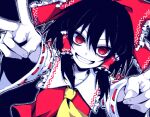  1girl @_@ artist_request black_background black_hair bow collar detached_sleeves hair_bow hakurei_reimu japanese_clothes looking_at_viewer miko neckerchief pixel_art red_bow red_shirt shirt smile solo teeth third-party_source touhou v v-shaped_eyebrows white_collar white_sleeves yellow_neckerchief 
