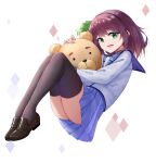  1girl :d absurdres angel_beats! black_shoes black_thighhighs blue_sailor_collar blue_skirt bow commentary eyelashes from_side full_body green_bow green_eyes hair_between_eyes hair_bow hairband happy highres holding holding_stuffed_toy invisible_chair kafeifeifeifeifeifei_jiemo_jun knees_up legs legs_together loafers long_sleeves looking_at_viewer medium_hair miniskirt nakamura_yuri open_mouth pleated_skirt purple_hair purple_hairband sailor_collar sailor_shirt shinda_sekai_sensen_uniform shirt shoes simple_background sitting skirt smile solo straight_hair stuffed_animal stuffed_toy teddy_bear teeth thick_eyebrows thighhighs thighs tsurime untranslatable_commentary upper_teeth_only upskirt white_background white_shirt 