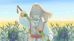 1girl ao_fujimori arknights chinese_clothes closed_eyes closed_mouth dao earrings expressionless field high_ponytail highres holding holding_sword holding_weapon jewelry mili_(band) off official_art ponytail sheath sky solo steam sword tie_hua_fei unsheathing upper_body weapon white_hair youtube_video_thumbnail 