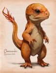  2023 3_fingers 3_toes ambiguous_gender anthro biped black_claws brown_eyes charmander christopher_stoll claws contiguous_snout countershade_face countershade_neck countershade_scales countershade_torso countershading english_text feet finger_claws fingers front_view full-length_portrait generation_1_pokemon hi_res looking_at_viewer mouth_closed multicolored_body multicolored_scales nintendo orange_body orange_scales plantigrade pokemon pokemon_(species) portrait pupils scales simple_background snout solo species_name tail tan_background tan_body tan_countershading text toe_claws toes twitter_handle two_tone_body two_tone_scales 