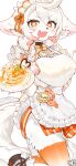  1boy absurdres animal_ears animal_hands apron badge blush bow bowtie braid breasts brooch character_name dress fang fangs food fox fox_boy fox_tail frilled_dress frills furry furry_male gradient_hair hair_bow hair_ribbon heart highres holding holding_plate jewelry large_breasts leg_up maid maid_apron maid_headdress male_focus multicolored_hair nashinoro_kikuri niisha_(nashinoro_kikuri) open_mouth orange_bow orange_eyes orange_thighhighs original pancake plaid_clothes plaid_skirt plate ribbon sheep_ears short_hair side_braid simple_background skirt smile solo spoon standing striped_clothes symbol-shaped_pupils syrup tail thighhighs tongue tongue_out trap white_background white_dress white_fur white_hair x-shaped_pupils 