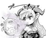  :3 bare_shoulders blush_stickers breasts cleavage demon_girl dress earrings elbow_gloves gloves greyscale hands_on_hips heart heart_earrings horns ishiyumi jewelry lilith_(p&amp;d) long_hair medium_breasts monochrome necklace pointy_ears poison puzzle_&amp;_dragons shaded_face skull spit_take spitting star tamadra wings 