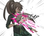  1boy 1girl ahoge arm_ribbon bandaid bandaid_on_face bandaid_on_nose blob blood blood_splatter blue_eyes brown_eyes brown_hair chibi collared_jacket danganronpa:_despair_time emphasis_lines english_text expressionless green_ribbon green_skirt green_trim grey_jacket hair_between_eyes hand_up high_ponytail jacket jumping levi_fontana long_hair parted_lips pink_blood ponytail ribbon simple_background single_sidelock skirt sleeve_rolled_up sound_effects spiked_hair surprised sweatdrop teruko_tawaki wcender white_background 