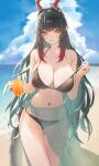  1girl absurdres arknights arknights:_endfield beach bikini black_bikini blue_sky blush breasts commentary cup day dragon_girl dragon_horns dragon_tail drinking_straw eastern_dragon_horns eastern_dragon_tail english_commentary glass green_eyes green_hair green_sarong highres holding holding_cup horns juice loincloth long_hair looking_at_viewer multicolored_hair navel orange_juice outdoors pointy_ears red_horns sarong sky swimsuit tail vitaminechan zhuang_fangyi_(arknights) 