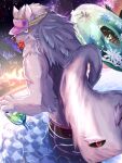 anthro bathym_(tas) beach canid canine canis clothing container cup demon drinking_glass flower fluffy fluffy_tail fur glass glass_container glass_cup hat headgear headwear hi_res horn inflatable inner_tube kidora_pokipoki lifewonders living_tail looking_at_viewer looking_back looking_back_at_viewer male mammal night one_eye_closed plant purple_body purple_fur rear_view rose_(flower) smile solo swimwear tail tokyo_afterschool_summoners unusual_anatomy unusual_tail visor_cap wine_glass wink wolf