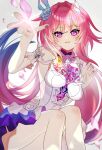 1girl bare_shoulders blue_hair breasts cyrene_(demiurge)_(honkai:_star_rail) cyrene_(honkai:_star_rail) dress flower gradient_hair hair_flower hair_ornament highres honkai:_star_rail honkai_(series) large_breasts long_hair looking_at_viewer multicolored_hair oekakidekinai1 parted_lips petals pink_hair pink_petals purple_eyes revision simple_background solo thighs very_long_hair white_background white_dress white_hair 