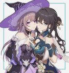  2girls ascot bare_shoulders black_dress black_hair bracelet breasts brown_hair cheek-to-cheek choker closed_mouth clothing_cutout detached_sleeves dress flower gloves green_dress green_eyes green_gloves green_hair hair_between_eyes hair_ornament harusame_(user_fxga4573) hat heads_together heart heart_hands heart_hands_duo herta_(honkai:_star_rail) honkai:_star_rail honkai_(series) jewelry large_breasts long_hair long_sleeves looking_at_viewer multicolored_hair multiple_girls necklace parted_lips purple_eyes purple_hat purple_nails revision ruan_mei_(honkai:_star_rail) short_sleeves shoulder_cutout simple_background streaked_hair the_herta_(honkai:_star_rail) two-tone_hair white_background witch_hat yuri 