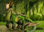 2018 ambiguous_gender arm_tuft bloominglynx brown_horn day detailed_background digital_drawing_(artwork) digital_media_(artwork) digitigrade dragon feral forest grass green_body horn jungle leg_tuft light looking_at_viewer mane moss mythological_creature mythological_scalie mythology outside plant rock scalie shaded shrub snout soft_shading solo standing sunlight tail tail_tuft tan_mane tree tuft wingless_dragon yellow_eyes