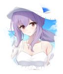  1girl atsuko_(blue_archive) atsuko_(swimsuit)_(blue_archive) bikini blue_archive breasts commentary_request dvleo frilled_bikini frills hat highres jewelry necklace official_alternate_costume official_alternate_hairstyle pink_eyes portrait purple_hair see-through_clothes solo sun_hat swimsuit upper_body white_bikini white_hat 