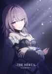  1girl absurdres artist_name ascot bare_shoulders black_choker blush character_name choker detached_sleeves dress grey_hair hair_intakes herta_(honkai:_star_rail) highres honkai:_star_rail honkai_(series) light_particles long_hair long_sleeves looking_at_viewer lumerhea missing_headwear parted_lips purple_eyes revision smile solo strapless strapless_dress the_herta_(honkai:_star_rail) upper_body very_long_hair white_ascot 