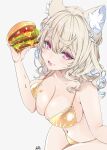  1girl alternate_costume animal_ear_fluff animal_ears artist_name bikini blonde_hair blue_streaks braid breasts burger cheese dog_ears dog_girl food food_on_body food_on_breasts fuwawa_abyssgard gold_bikini highres holding holding_burger holding_food hololive hololive_english large_breasts lettuce looking_at_viewer meat multicolored_hair navel nimi_sama open_mouth pink_eyes solo streaked_hair swimsuit tomato tomato_slice virtual_youtuber 