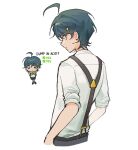  1boy ahoge arms_behind_back black_shoes blue_hair bow bowtie checkmark chibi chibi_inset collared_shirt danganronpa:_despair_time david_chiem english_text expressionless green_bow green_bowtie grey_eyes grey_pants hair_ornament hairclip highres looking_at_viewer looking_back multiple_views pants parallel_hairclips shiny_eyes shirt shoes short_hair simple_background sleeves_rolled_up smile solo star_(symbol) star_hair_ornament suspenders triangle_hair_ornament upper_body white_background white_shirt xin_ci 