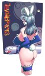  1girl animal_ears aqua_hair ass bad_id bad_pixiv_id bare_shoulders blue_gloves blue_leotard breasts covered_nipples cowboy_shot earrings elbow_gloves frilled_leotard frilled_thigh_strap frills from_behind gloves hand_on_own_hip hikaru_(parodius) huge_breasts jewelry leebo_(leeboxxx) leotard missile moon oekaki parodius playboy_bunny pom_pom_(clothes) pom_pom_earrings rabbit_ears rabbit_tail sideboob solo space strapless strapless_leotard tail thigh_strap thighs thong_leotard translation_request 