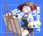  1girl absurdres apron art_brush black_apron black_hat black_skirt blue_archive blue_background bow bowtie braid breasts canvas_(object) chair character_name chinese_commentary collared_shirt commentary_request dada0082 diagonal-striped_bow diagonal-striped_bowtie diagonal-striped_clothes dress_shirt easel eri_(blue_archive) halo hat highres holding holding_paint_palette holding_paintbrush incredibly_absurdres large_breasts miniskirt on_chair paint_palette paintbrush painting_(action) pleated_skirt red_bow red_bowtie shirt short_hair side_braid simple_background sitting skirt solo striped_bow striped_bowtie striped_clothes thighs white_hair white_shirt witch_hat wooden_chair yellow_halo 